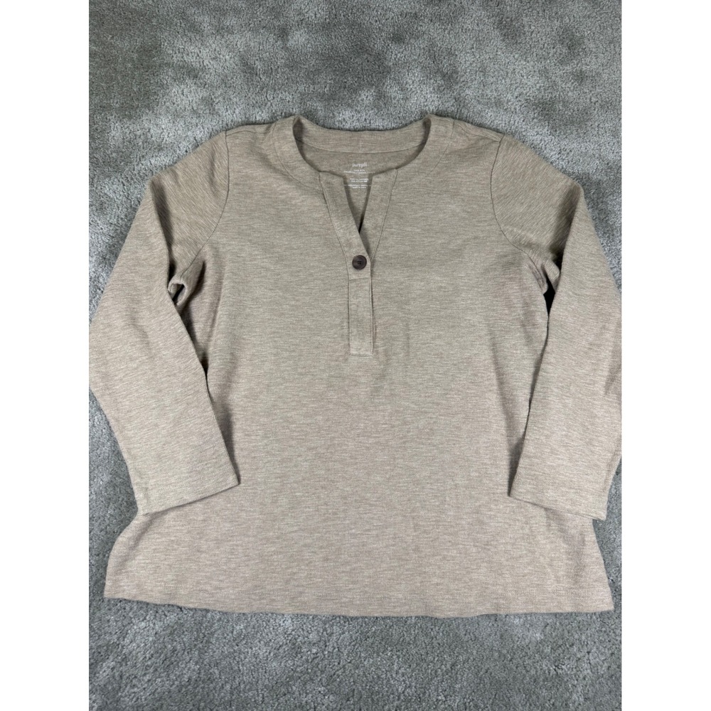 J. Jill Pure Jill Textured One-Button Top Khaki Heather Organic Cotton L NEW